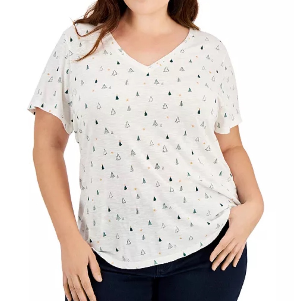 Style & Co Christmas Tree V-Neck Tee